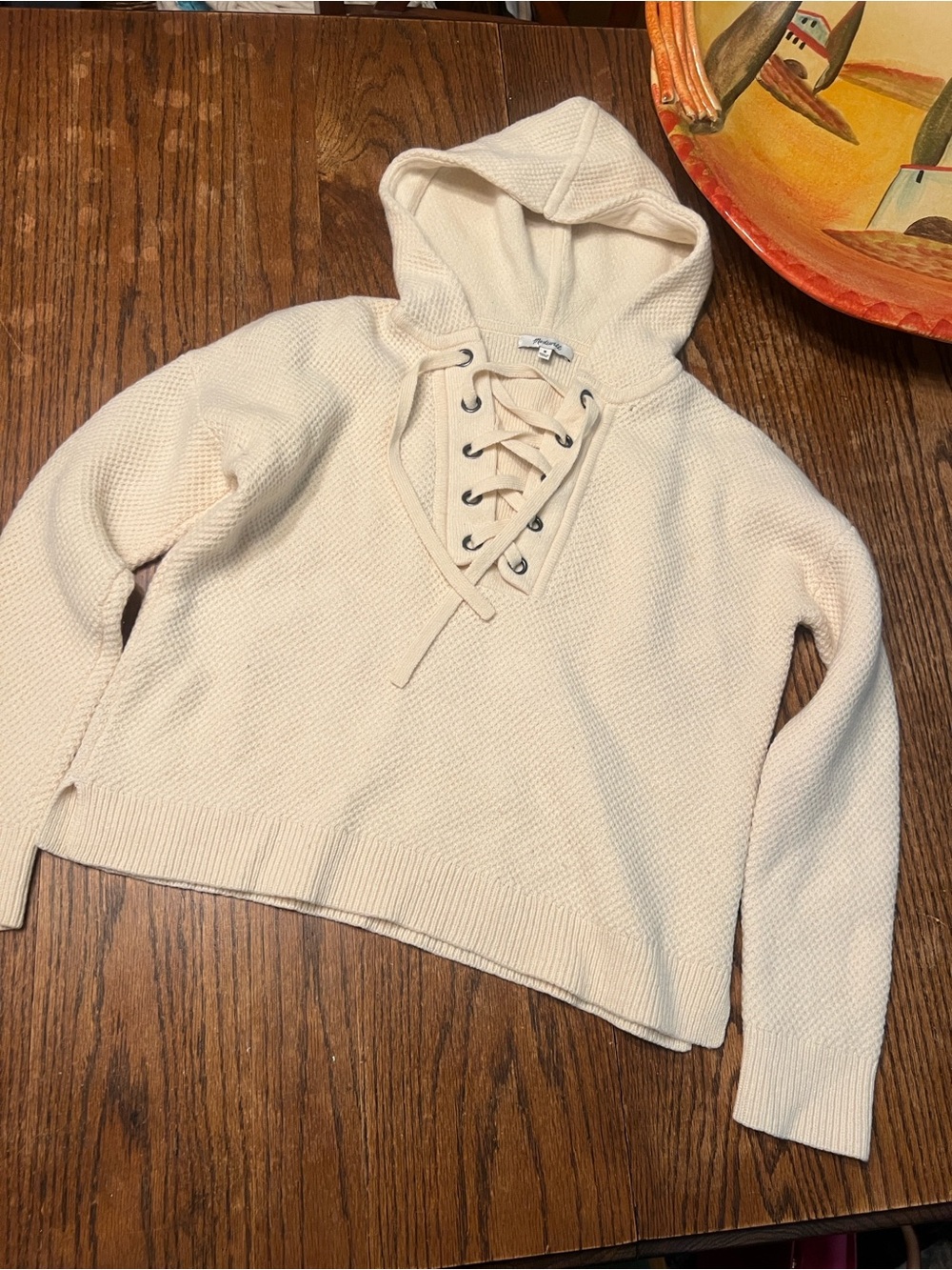 Madewell Cream Lace-Up 100%Wool Hooded Knit Sweater